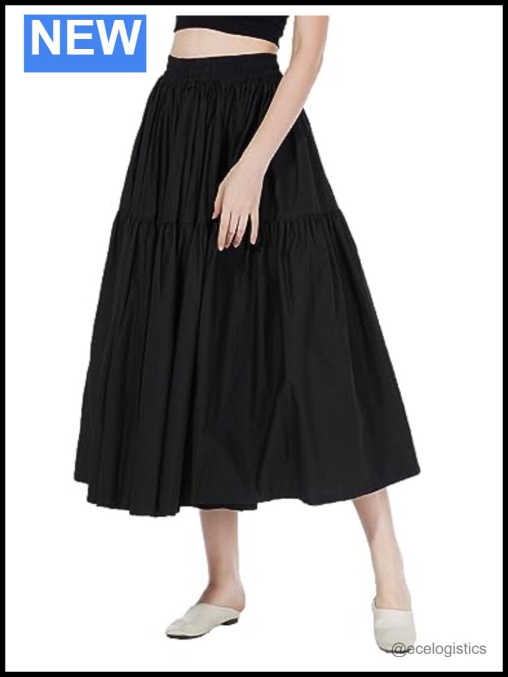 100% Cotton High Elastic Waist A-Line Pleated Midi Skirt with 2 Pockets